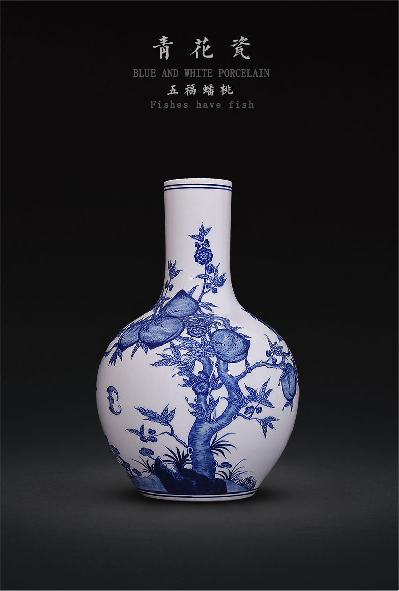 Jingdezhen blue and white wufu ceramics hand - made flat peach tree at new Chinese flower arrangement sitting room adornment handicraft furnishing articles