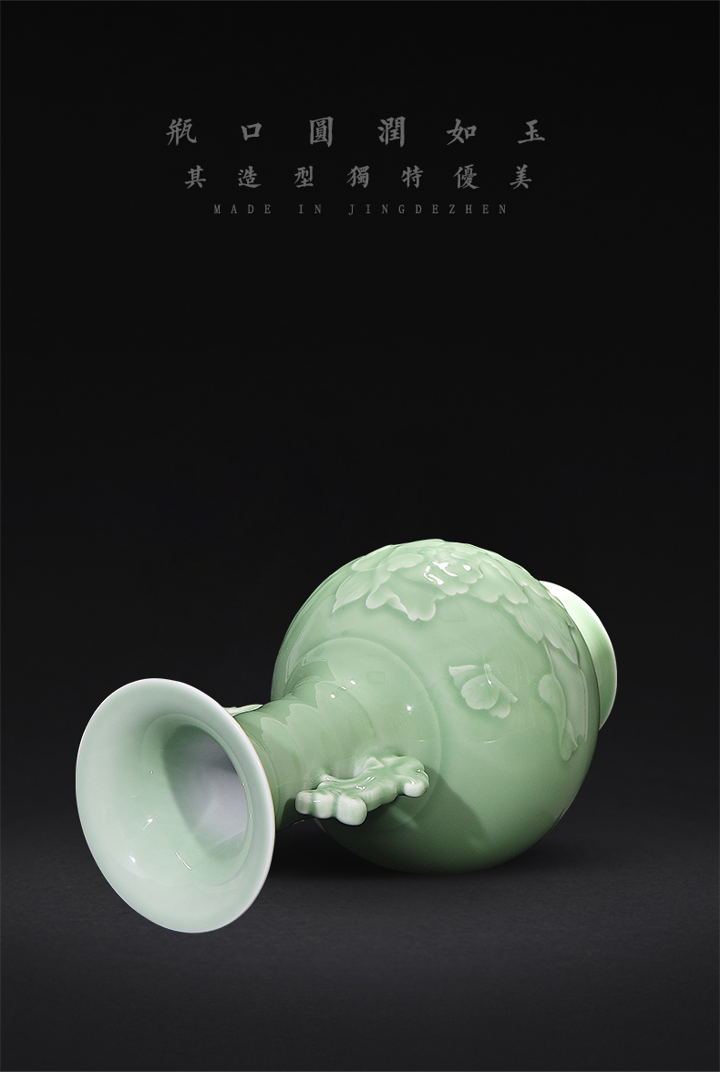 Shadow of jingdezhen ceramics green ears peony vases, new Chinese style flower arrangement sitting room decoration carving furnishing articles of handicraft