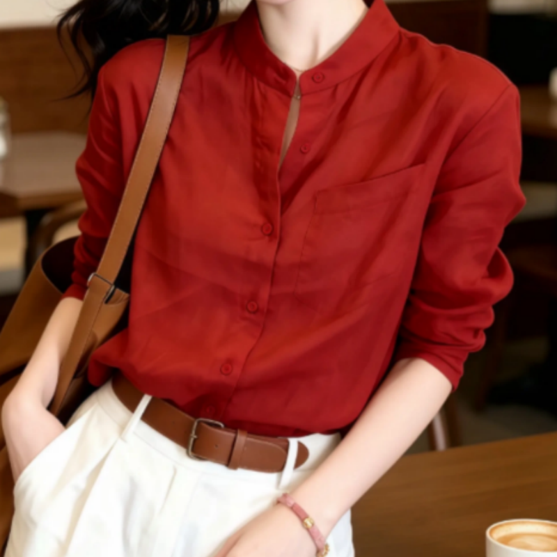 Old Money Style Red Stand-Collar Shirt for Women, 2026 Spring New Model, Unique and Beautiful Retro Hong Kong Style Sun Protection Cover-Up Top Old Money Style Red Stand-Collar Shirt for Women, 2026 Spring New Model, Unique and Beautiful Retro Hong Kong Style Sun Protection Cover-Up Top