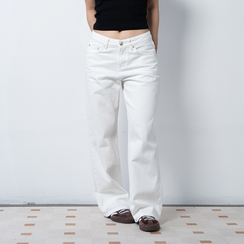 Ravehouse European and American Style Simple Pear-Shaped Waist Slim Legs Low Waist White Loose Wide-Leg Straight Jeans Long Pants