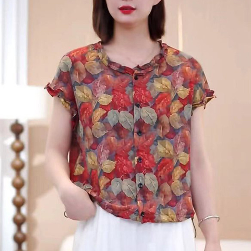 2026 Summer Fashionable New Simple Lace Collar Printed Shirt for Women, Elegant Casual Versatile Short-Sleeve Top