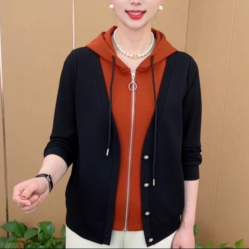 Fashionable Faux Two-Piece Hooded Long-Sleeve Jacket, Spring and Autumn Zip-Up Color-Block Cardigan, Stylish Versatile Slimming Mom Outfit