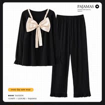 Girl Sleepwear Spring Autumn Style Woman Pure Cotton Long Sleeve Method Square Collar Butterfly Knot Black Generous Fashion Home Clothing