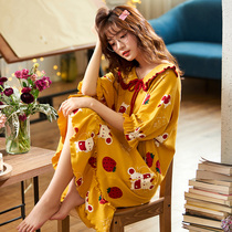  New pajamas womens summer short-sleeved cotton plus size Korean version of fresh and cute students can wear summer night dresses outside women