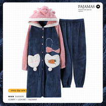 Coral Suede Sleepwear Woman Winter Plus Suede Cute Thickened New Cardiovert 2021 Fall Winter Long Paragraph Sleeping Bath Robe Cartoon