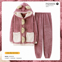Thickened plus velvet Warm Pajamas Woman Winter Coral Suede Flannel Suede Spring Autumn cute Lianhood cardioverts.