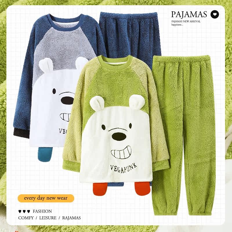 Winter flannel pajamas couple men and women in autumn and winter 2021 new thickened coral velvet loose home suit