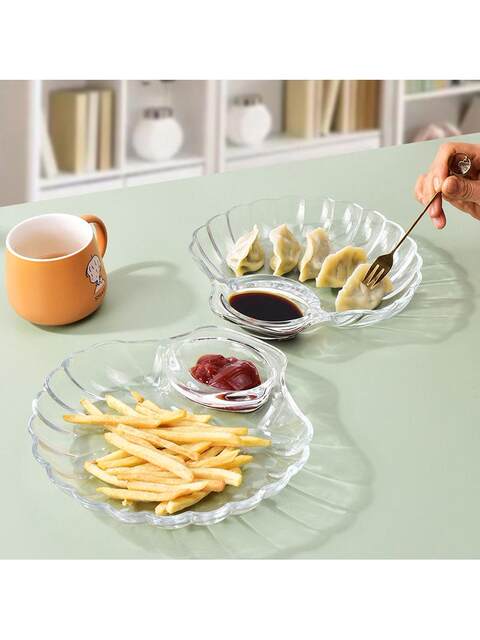 Glass Dumpling Plate with Vinegar Dish, Fat-Reducing Portion Control Plate, Household Fan-Shaped Shell-Shaped Dumpling Special Plate, Dipping Sauce Plate All-In-One