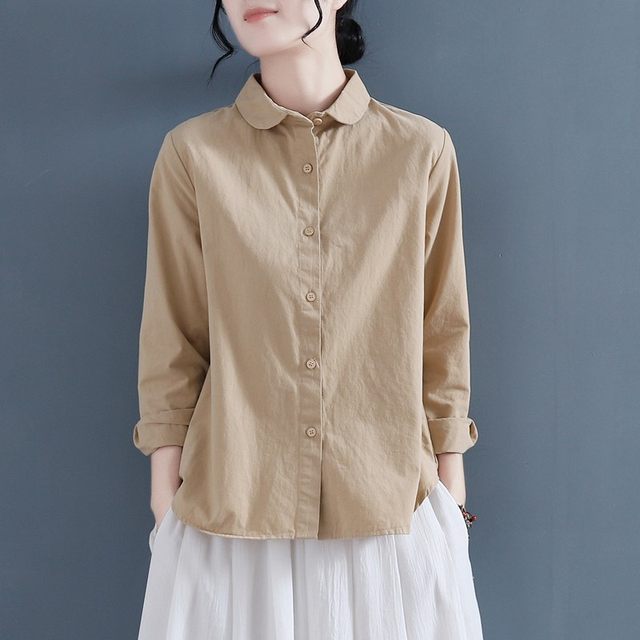 Niche chic tops early spring 2024 retro literary cotton shirt women's long-sleeved casual doll collar cotton and linen shirt