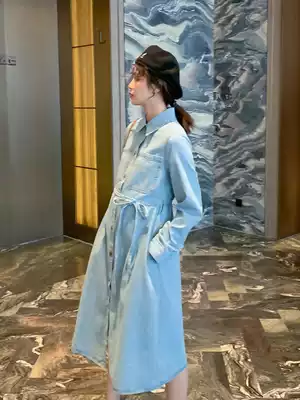 Pregnant women denim skirt long sleeve medium and long version Korean fashion foreign style shirt dress dress spring dress big size tide mother