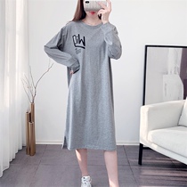 MITI MITI pregnant women spring and autumn cotton long sleeve bottom T-shirt skirt knee side open fork lazy home skirt wear tide