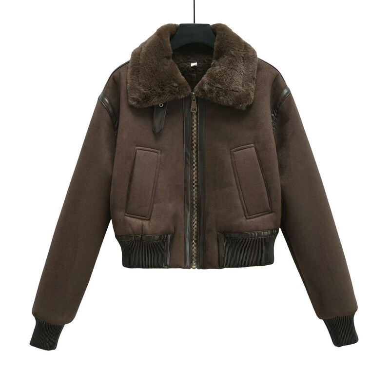 Oshoon Women's New Winter Faux Fur Effect Lapel Short Jacket Fur Integrated Warm Coat