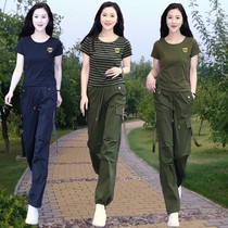 Outdoor military green short-sleeved T-shirt trousers suit for women 2024 summer striped group set overalls two-piece trendy s
