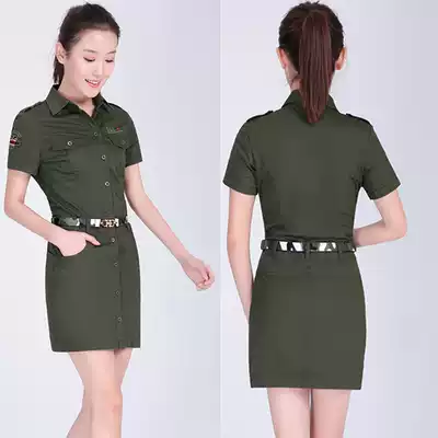 2021 summer lapel short sleeve army green dress women's military uniform one step dress medium length shirt skirt shirt shirt bag arm skirt