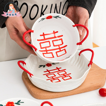 The Seal is happy to see Jingdezhens creative handmade ceramic handheld bowls tray Home Red Delight Large Noodle Bowls Fruit Plates Deep Pan