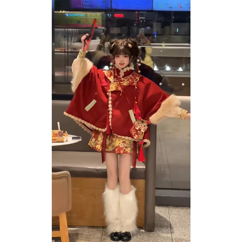 Christmas and New Year Heavy Embroidery Modified Hanfu Women's Cape New Year Outfit Red Han Elements