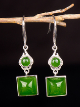 Natural jade earrings green earrings female temperament Chinese style Hanfu long sterling silver and Tian Jasper earrings