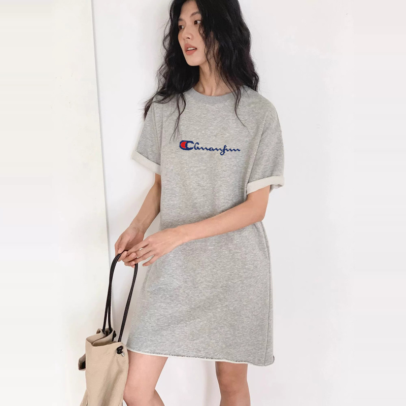 Champion Lingyu Pure Cotton Short-Sleeved Dress for Women Summer Mid-Length Round Neck Embroidered Loose Rolled Edge Gray A-Line T-Shirt Dress