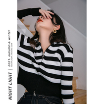 Luminous ins net red striped short-and-hat-knitted sweatshirt woman 2021 fall new sexy slideshow long sleeve blouse