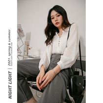 White Long Sleeve Shirt Woman Loose Short Style Design Sense Small Crowdlaw Vintage Snowspun Jersey Lantern Sleeve V Collar Blouse