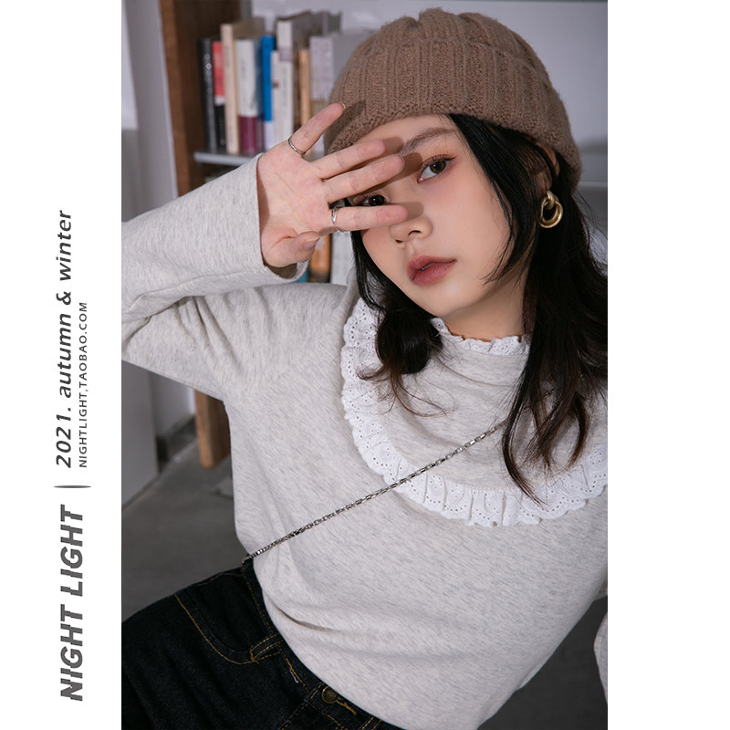 Luminous vintage Gentle Lace lace floras with high neckline undershirt 2022 Fall new conspicuated white-reduced straight tube T-shirt