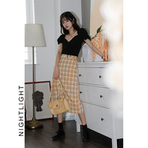 Nightlight Plaid skirt womens spring and Autumn new student high waist split skirt over-the-knee skirt