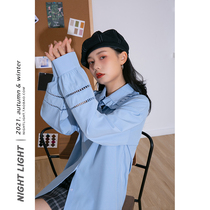 Luminous small fresh and gentle lotus leaf doll collar hollowed-out shirt woman pure color loose long sleeve 2021 casual blouse