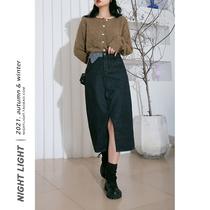 Luminous splicing Little crowddesign Feeling Cowboy Skirt Woman High Waist Open half body dress 2021 Winter new Knee Long Skirt