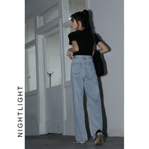  Denim trousers womens high waist 2021 spring new mopping drape loose wide-legged dad pants light-colored pants