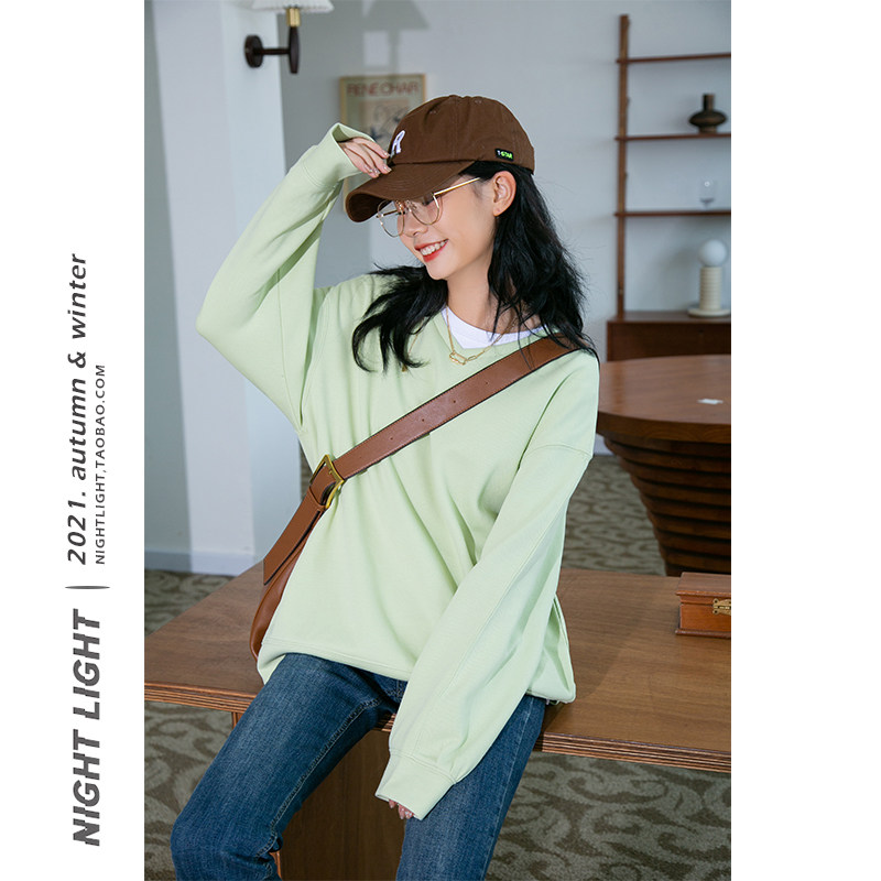 Luminous small fresh and gentle pure colour V collar long sleeve thick cotton T female loose casual 100 lap 2021 winter new blouses