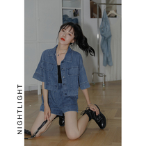  Denim suit womens 2021 spring new retro short jacket wide leg shorts two-piece elastic waist fashion suit