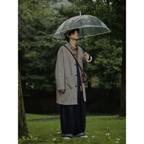 Crisis youth woolen coat British wind bird pattern long trench coat loose retro Japanese autumn winter coat tide