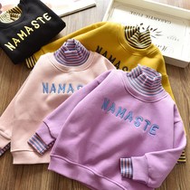 Double-layer plus velvet version to ~ girls half-height collar plus velvet letter vests children baby padded warm pullover velvet shirt