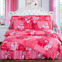 Váy ngủ cotton bốn bộ váy cotton loại 1,8m trải giường loại dày cộng với cotton giữ ấm 1,5m2.0m chăn ga gối đệm màu hồng
