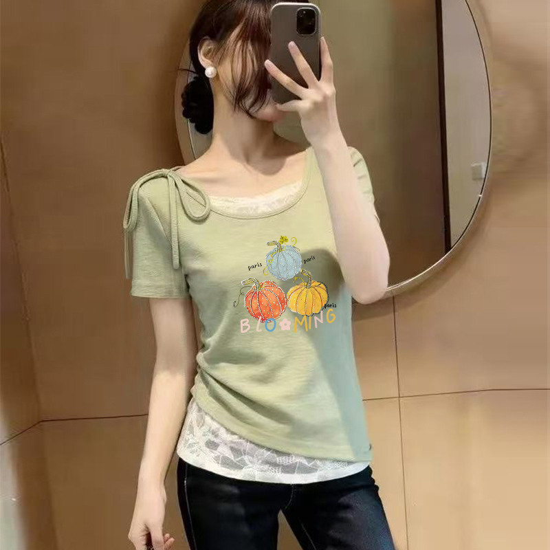 Green Fake Two-Piece Short-Sleeved T-Shirt for Women, Summer 2026 New Style, Lace Splicing, Irregular Tie Waist Top, Trendy