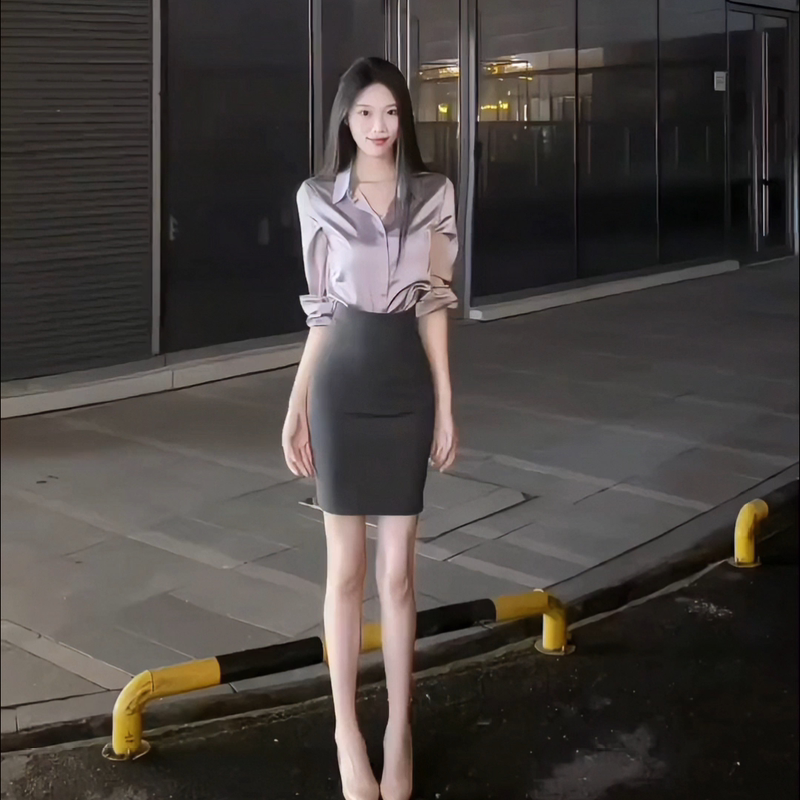 Professional Elegant White-Collar Commuter Suit 2026 Autumn High-End Satin Shirt Dark Gray Pencil Skirt Professional Elegant White-Collar Commuter Suit 2026 Autumn High-End Satin Shirt Dark Gray Pencil Skirt