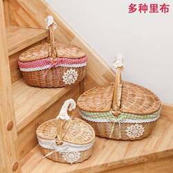 Rattan and Wicker Bamboo Basket, Shopping Basket, Small Hand-Held Basket, Picnic Basket, Storage Basket, Woven Fruit Basket, Country-Style with Lid