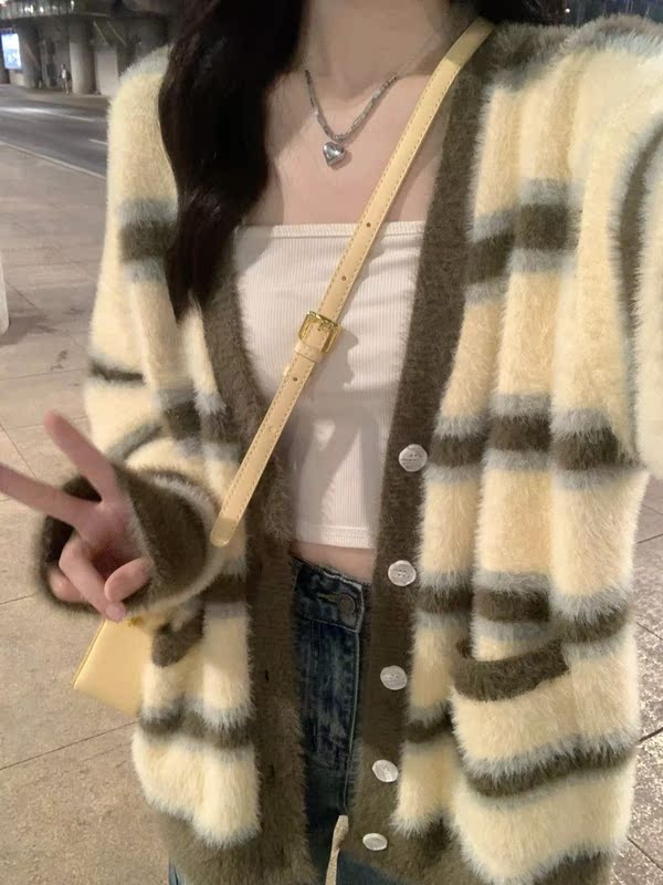 Spring and Autumn New Style Faux Mink Fur College Style High School Student Cute Striped Cherry Knit Cardigan Sweater Jacket