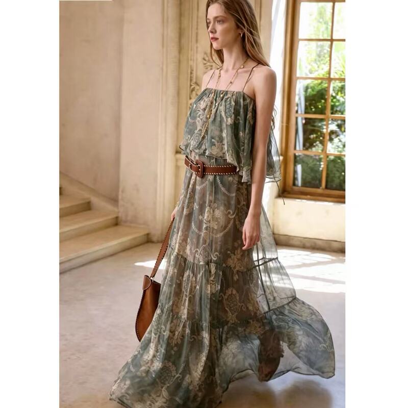Wildlife｜Vintage Gradient Print Spaghetti Strap Dress C-001M7591 (for Sizes 165 and Above)