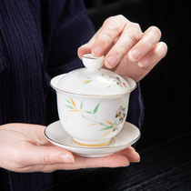 Dehua ceramic three-cai cover bowl tea cup white porcelain sheep fat jade retro tea bowl single Kung Fu tea set