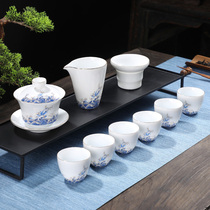 Dehua ceramics Household simple cover bowl Teacup teapot Blue wave Kung Fu tea set White porcelain tea set set accessories