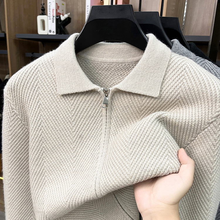 2026 Autumn/Winter Thick Knitted Cardigan for Men, Solid Color Old Money Style, Turn-Down Collar, Double Zipper, Warm Sweater