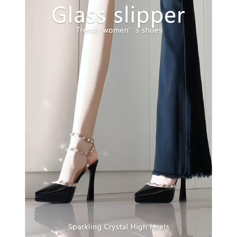 2026 Summer New Style Rivet Waterproof Platform High Heels for Women, Black Chunky Heel Pointed Toe Sexy and Elegant Sandals for Women 2026 Summer New Style Rivet Waterproof Platform High Heels for Women, Black Chunky Heel Pointed Toe Sexy and Elegant Sandals for Women