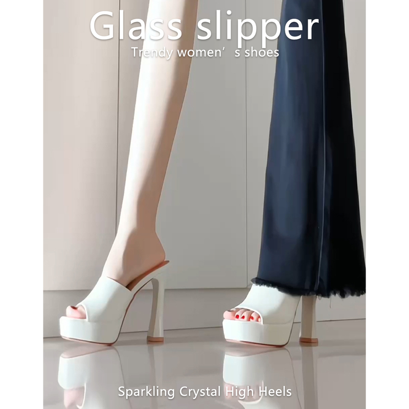 Waterproof Platform Thick-Soled Slip-On Commuting Half-Slipper 2026 Summer New White Chunky Heel Open-Toe High-Heeled Sandals for Women