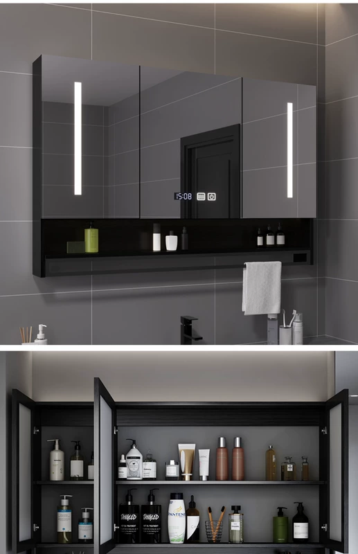Tủ gương phòng tắm thông minh treo tường riêng biệt có đèn làm mờ gương trang điểm phòng tắm gỗ nguyên khối đơn giản có kệ tủ gương nhà tắm tủ gương phòng tắm