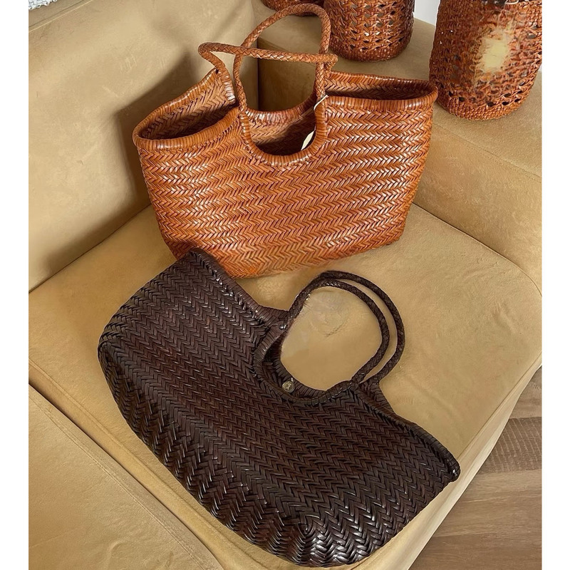 Dragon8822 Handmade Cowhide Woven Bag for Women, French Niche Style Basket Bag, Genuine Leather Handbag, Shoulder Tote Bag