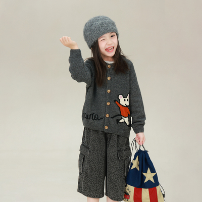 Big-Eared Elephant Cartoon Pattern Sweater Cardigan for Girls, 2026 Autumn New Model, Baoer Knitted Animal Long-Sleeve Top — 3