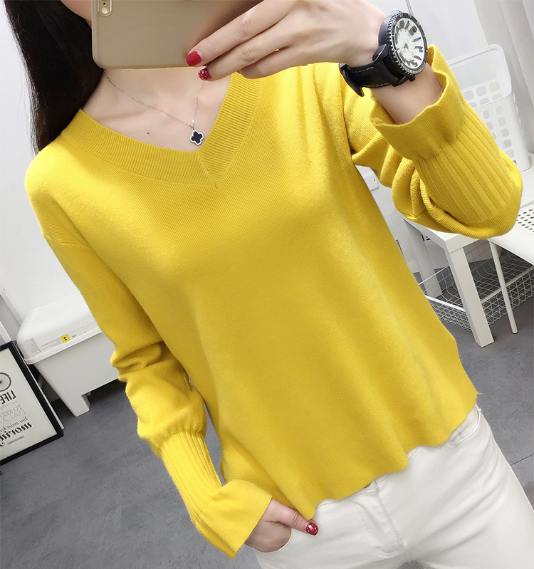 2018 thời trang mới hoang dã cổ chữ V xù lông dài tay đan đáy áo ngắn đoạn áo len nữ áo len nữ đẹp