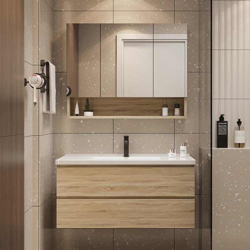 Nordic modern simple bathroom cabinet Solid wood hanging cabinet American cabinet bathroom mirror cabinet wash face wash basin cabinet combination