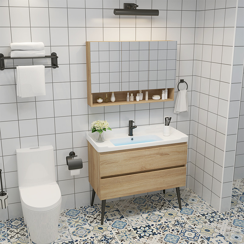 Nordic bathroom cabinet combination solid wood powder room simple modern bathroom toilet washbasin hand wash basin mirror cabinet